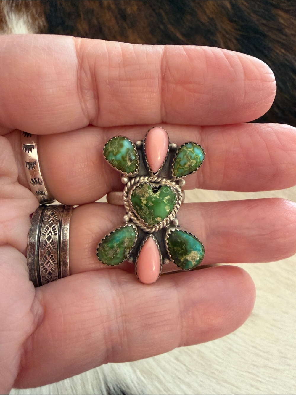 ❤️Heart Sonoran Gold Turquoise Pink Conch Navajo Style ADJ 5 - 7.5 Sterling Ring